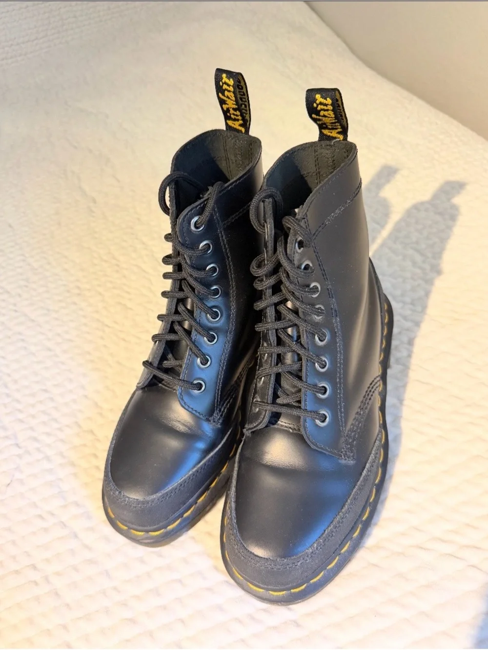 Dr. Martens Black 8-Eye Lace-Up Boots with Yellow Stitching